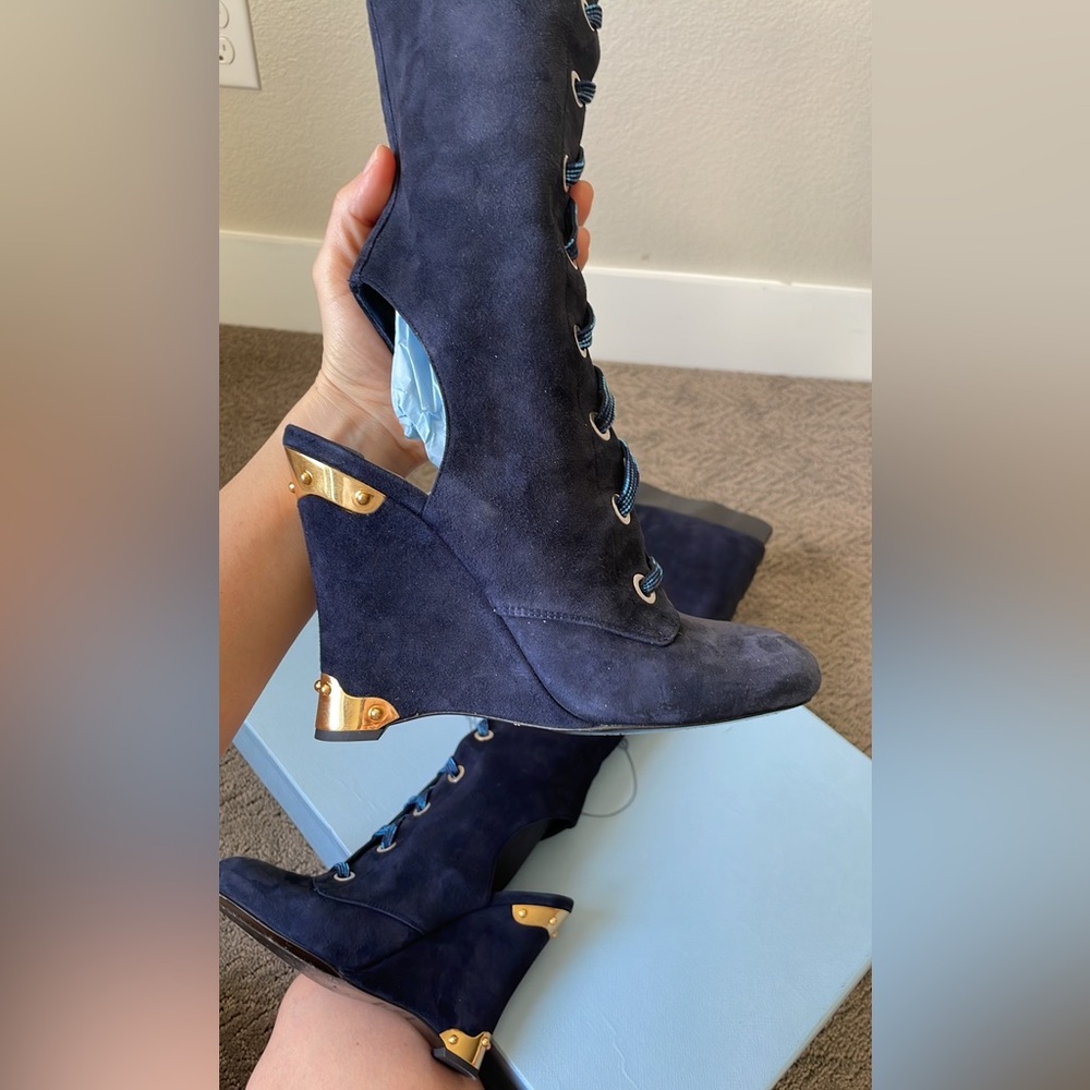 PRADA DARK BLUE LACED KNEW OPEN HEEL BOOTS SIZE 6.5 (36.5 Italian size) - Picture 12 of 17